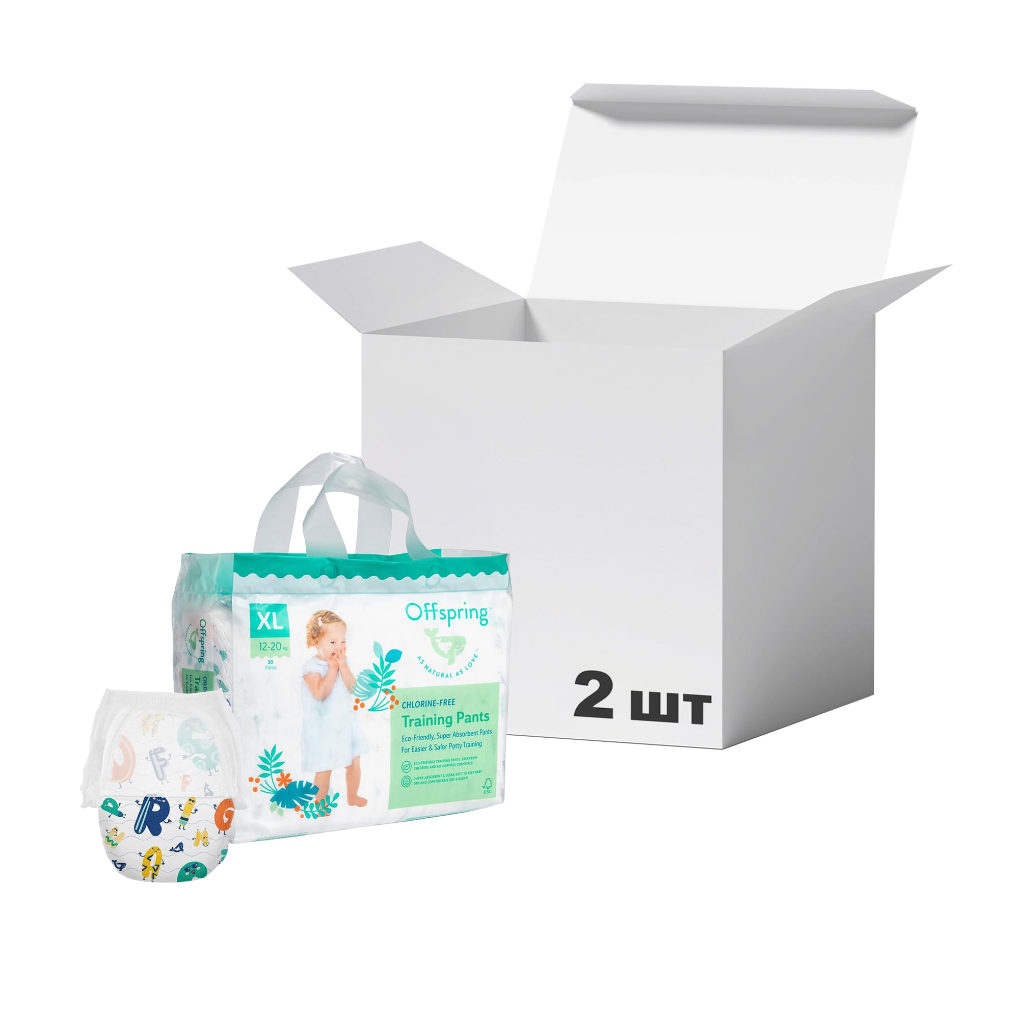 Упаковка підгузків-трусиків Offspring ABC Dance, розмір XL (12-20 кг), 30 шт * 2 шт